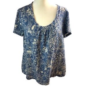 Bass Cotton Popover Top Women XL  Blue with White Botanical Design Scoop Neck